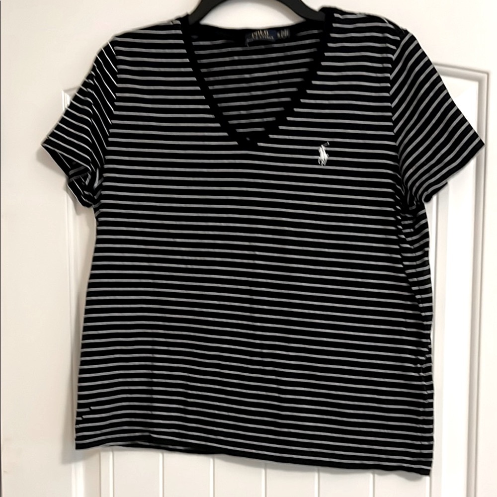 Polo by Ralph Lauren Black and White Striped V‑Neck Tee